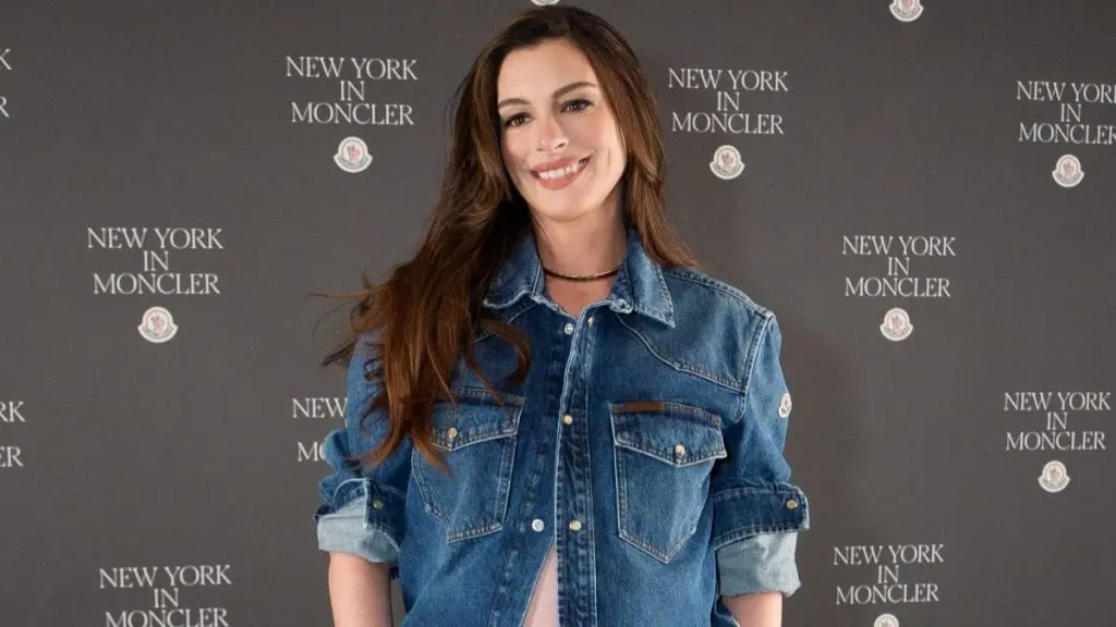 Anne Hathaway Stuns in Denim at Moncler Flagship Opening